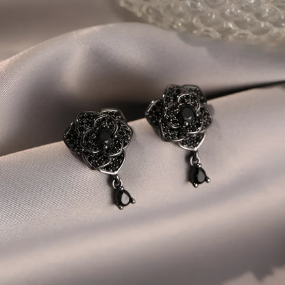 Black rose flower-shaped stud earrings with zircon inlay on gold-plated copper