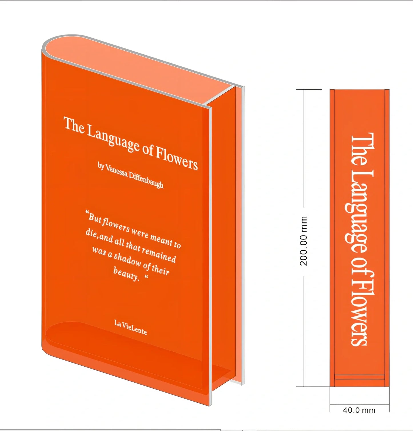 Transparent book-shaped acrylic vase, 22cm long with black font, refracting sunlight for home decor