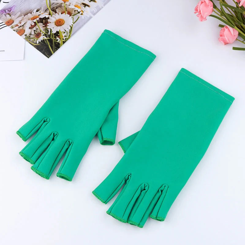 Manicure gloves with UV protection, featuring a stylish half-finger design and hand-painted finish for a comfortable and functional at-home nail care experience.