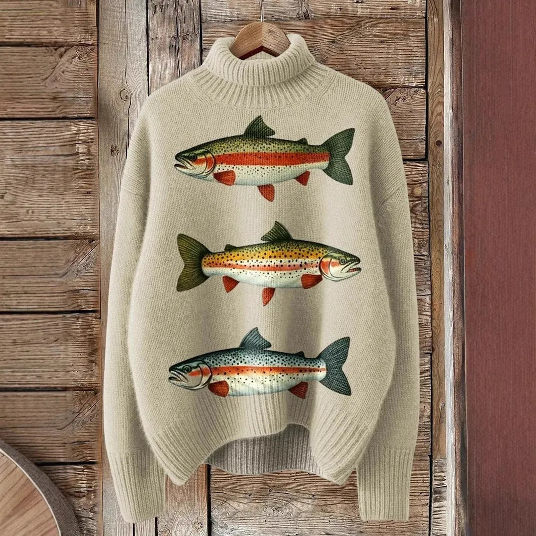 Women's Christmas printed turtleneck sweater with painting pattern and macaron colours, loose fit design