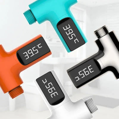 Premium digital shower thermometer with LED display, temperature control range, and sleek modern design
