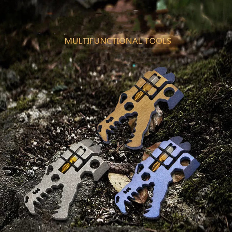 Dinosaur Head Tool in TC4 titanium, available in grey, blue, and copper