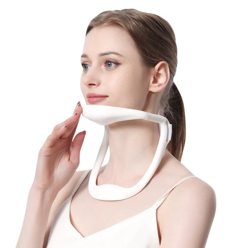 White PP material neck brace showing forward support design for cervical spine alignment