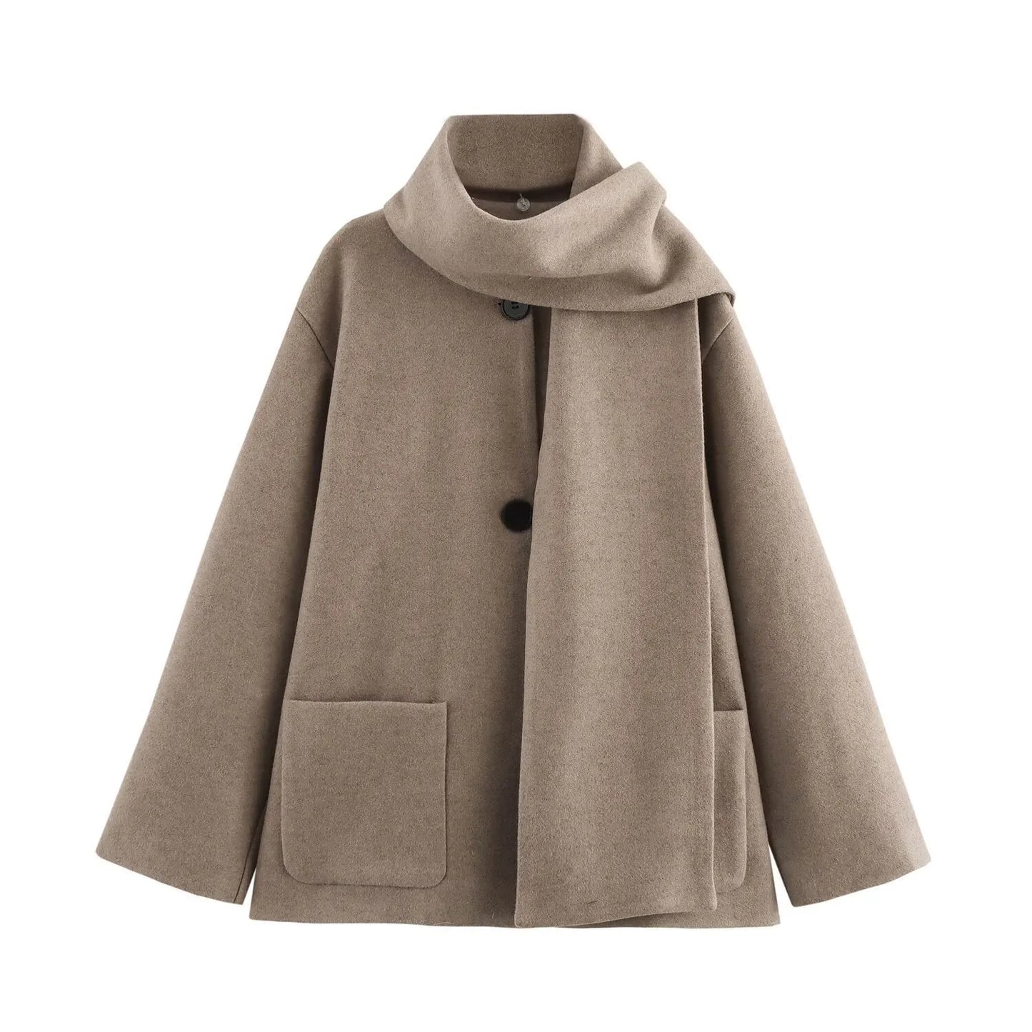 Women's black polyester scarf overcoat with artificial fur collar, lengthened 100cm design, and pockets for street fashion
