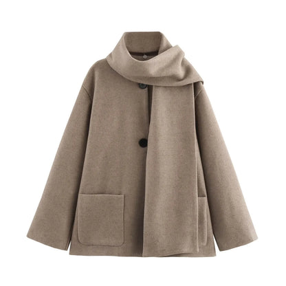 Women's black polyester scarf overcoat with artificial fur collar, lengthened 100cm design, and pockets for street fashion