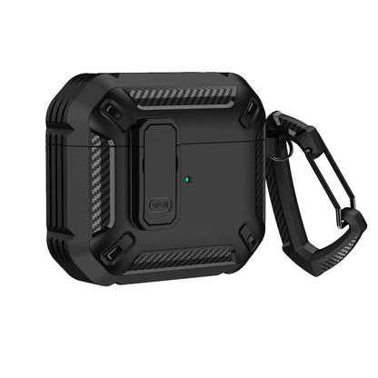 Hard plastic protective case for AirPods with a metal hook, shown in black and yellow two-tone colour.