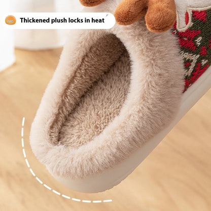 Cozy elk-inspired plush slippers in festive Christmas green and red colors, featuring a soft, comfortable upper and non-slip soles for indoor wear