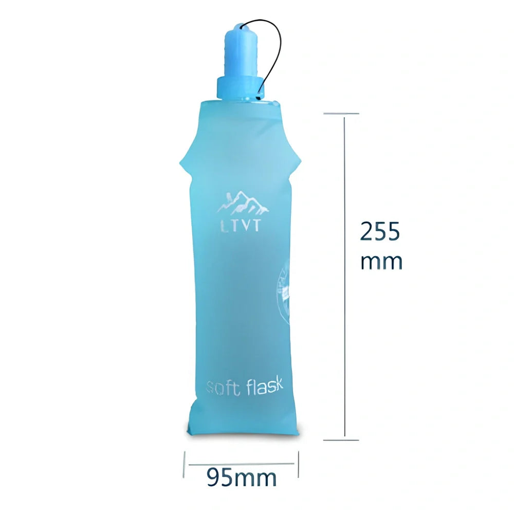 Sky blue folding TPU sports water bottle, 500ml capacity, leak-proof cap, collapsed view for portability