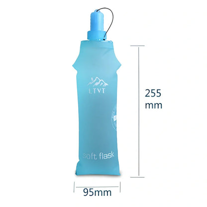 Sky blue folding TPU sports water bottle, 500ml capacity, leak-proof cap, collapsed view for portability