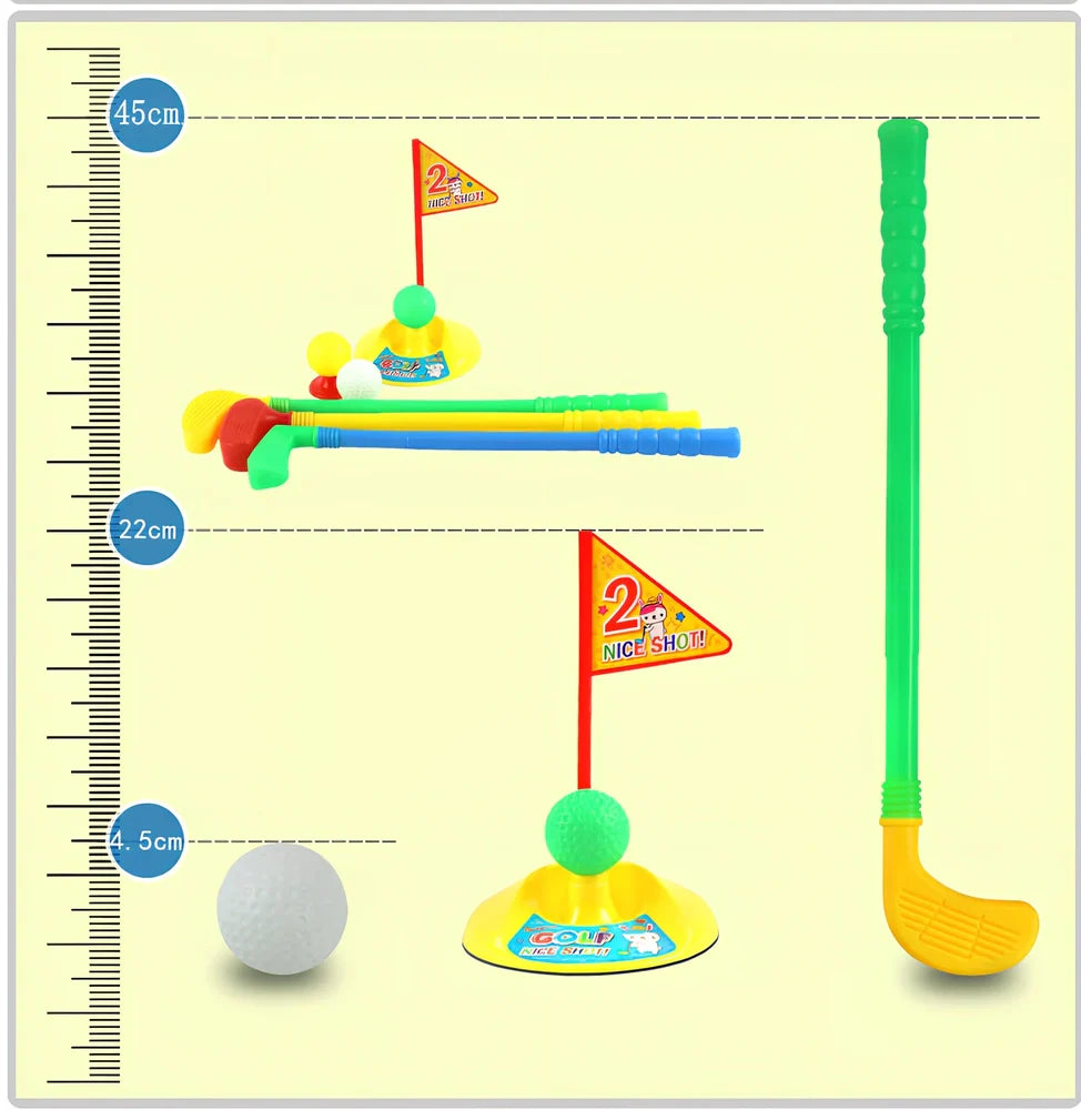 Children's golf set with three clubs, three balls, putting hole with flag, and adjustable tees on green surface