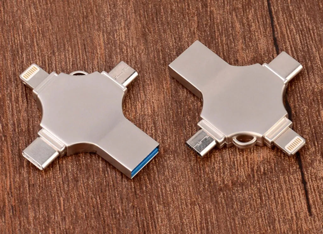 Metal mobile phone U disk with 4-in-1 iOS, Micro USB, Type-C and USB 3.0 connectors, 11g, in Silver