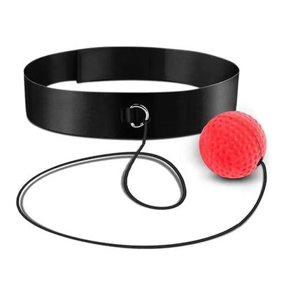 Head-mounted boxing reaction ball trainer with adjustable headband and multiple coloured balls