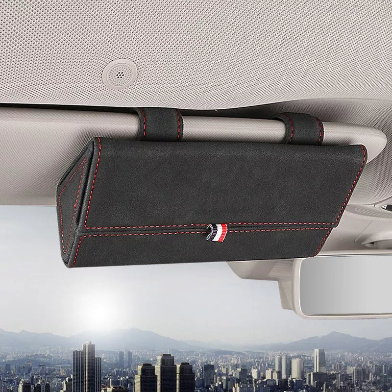 Car glasses storage box in suede material with quick buckle secure