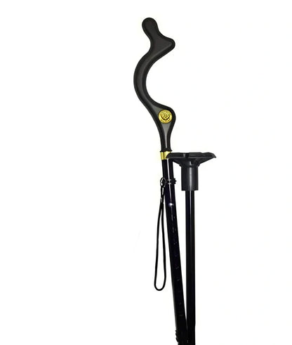 Telescopic folding walking stick with ergonomic handle extended to full height showing 6-tip base design