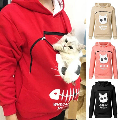 A cozy and stylish women's hooded sweatshirt with a unique cat-themed pocket design, available in a variety of vibrant colors.
