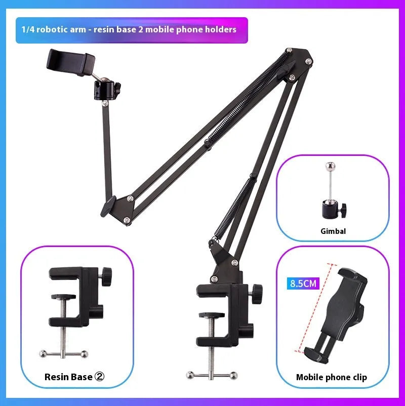 Black foldable metal desktop bracket holding tablet with adjustable cantilever arm