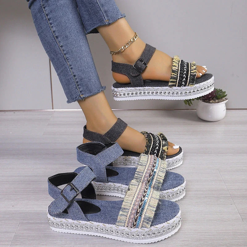 Women's denim tassel sandals with thick flat heel and hemp rope sole in black and blue