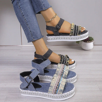 Women's denim tassel sandals with thick flat heel and hemp rope sole in black and blue