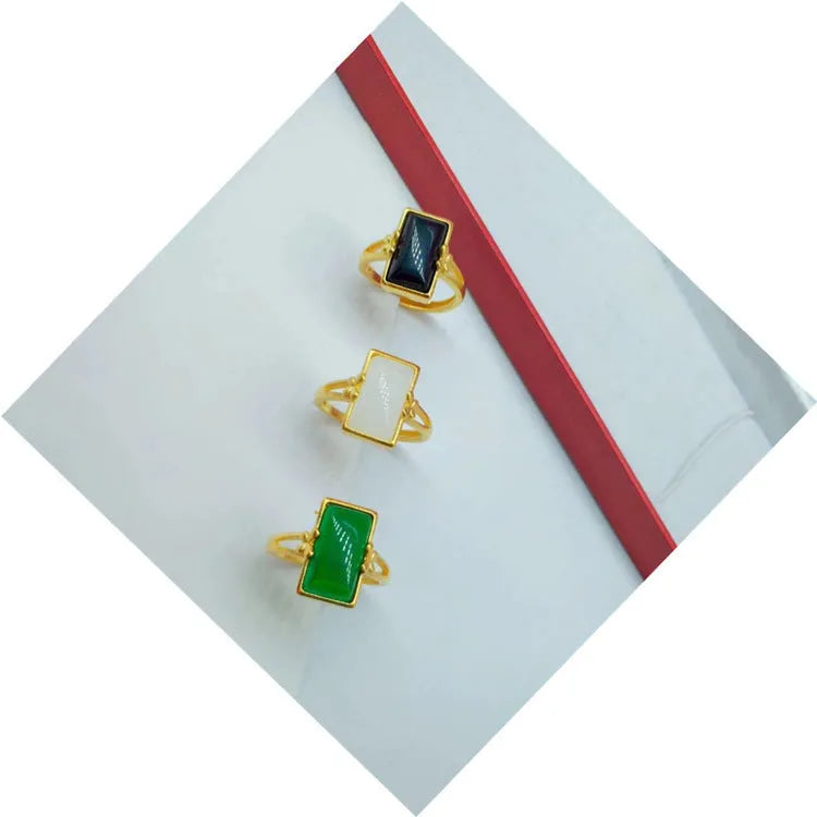 Adjustable brass ring with gold electroplating and inlaid gemstone in national style design
