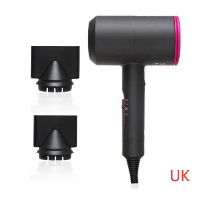 Black hotel hair dryer with 2.5m cable, concentrator nozzle, and multiple international plug adapters