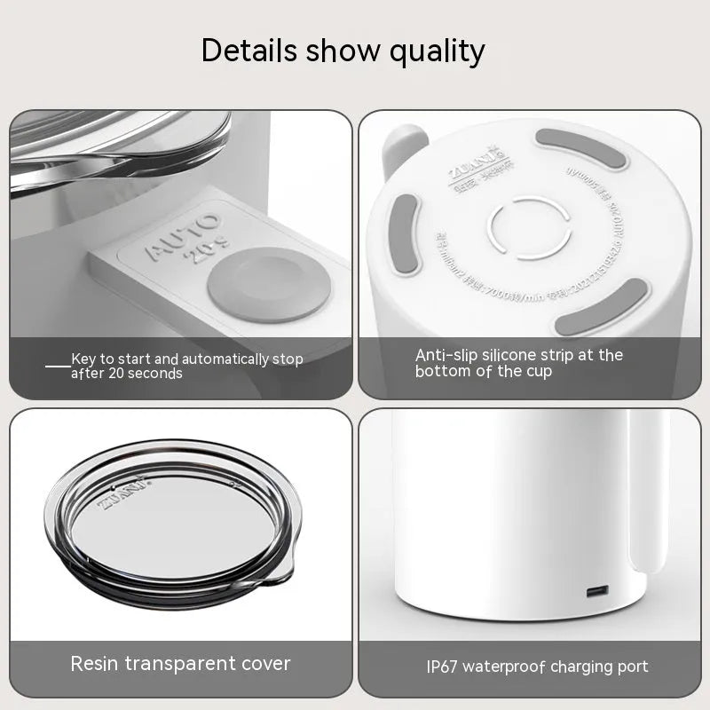 White automatic magnetic stirring coffee cup with stainless steel interior on a desk