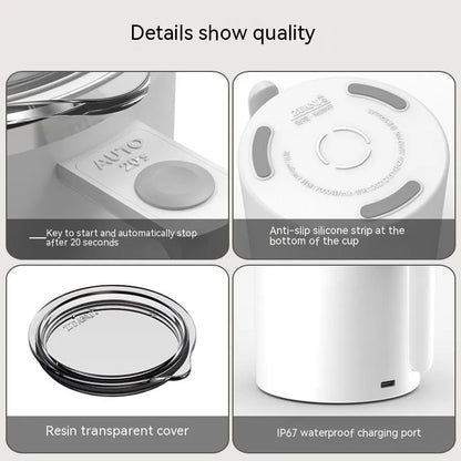 White automatic magnetic stirring coffee cup with stainless steel interior on a desk