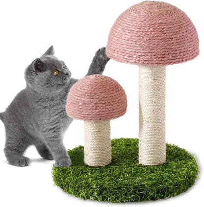 Pink mushroom-shaped cat scratching post with natural sisal texture for small cats.