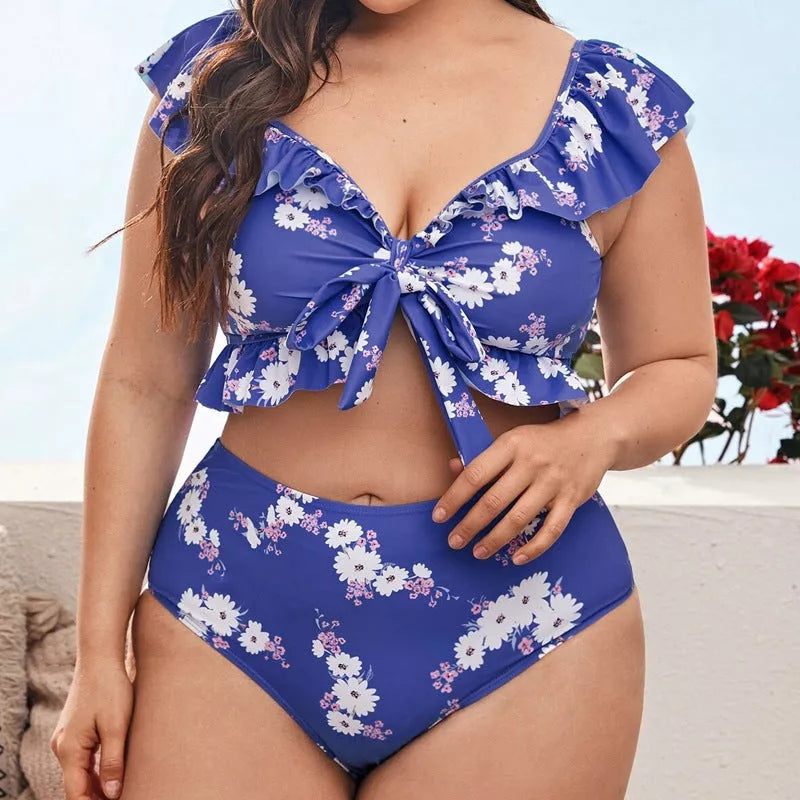Women's plus size split bikini in multicolour, blue, and black options for swimming and wading