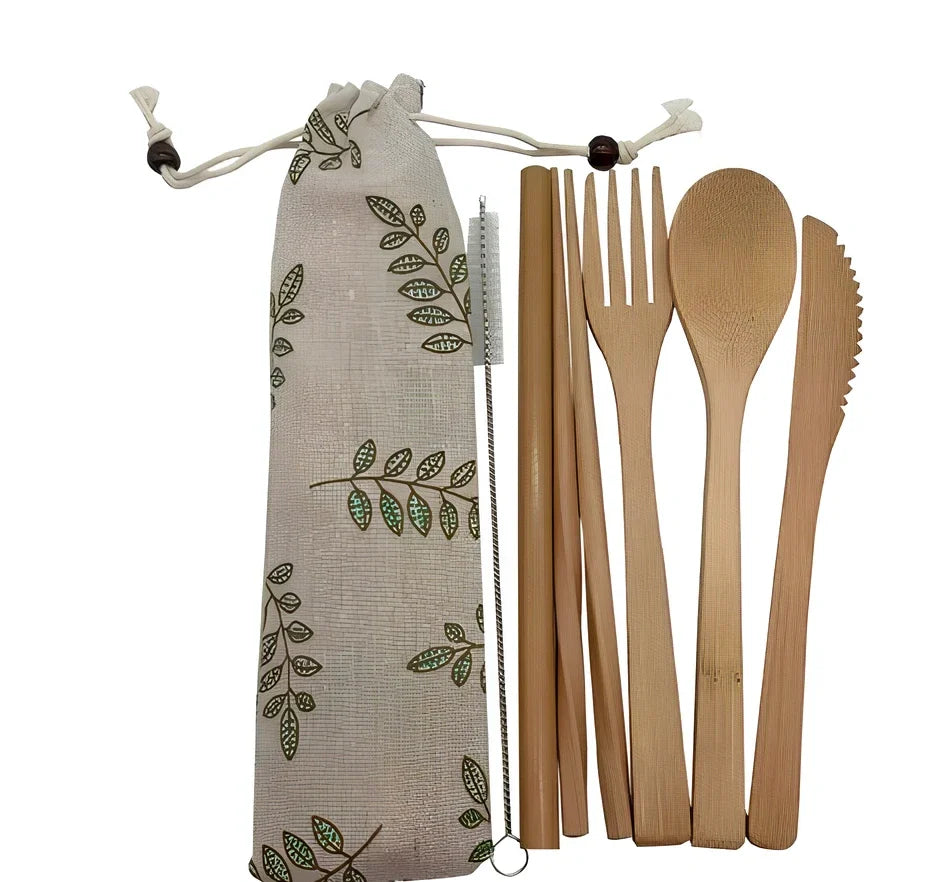 Bamboo travel cutlery set with 7 Japanese-style utensils in carrying pouch for sustainable dining