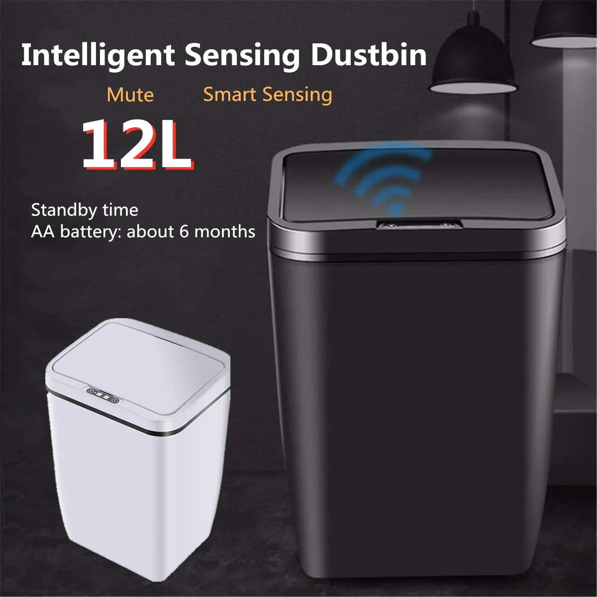 Infrared sensor smart trash can in Black, White, and LJT-02 colors with 12L capacity