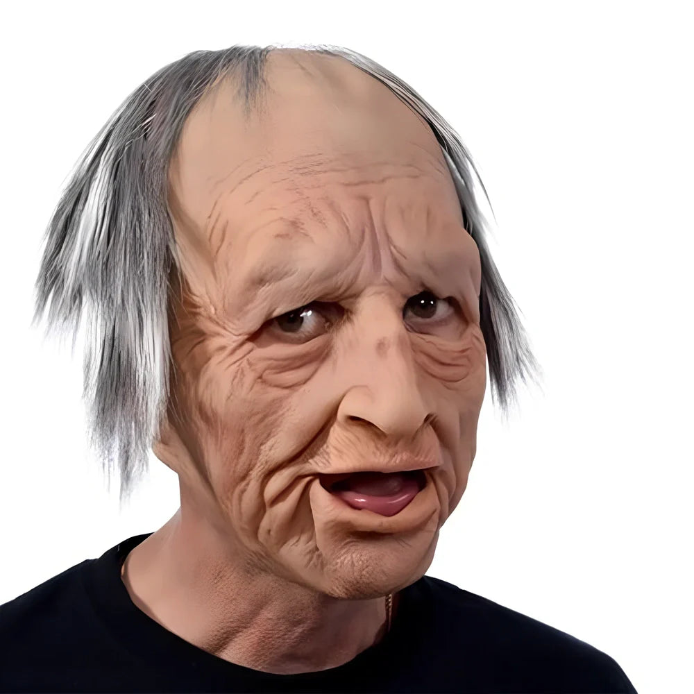 Latex old man Halloween mask with white hair and beard showing realistic facial wrinkles