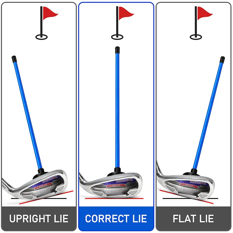 Red anodised aluminium golf swing trainer with magnetic indicator clipped onto a club shaft
