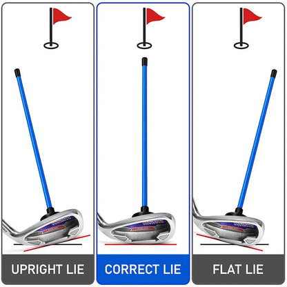 Red anodised aluminium golf swing trainer with magnetic indicator clipped onto a club shaft