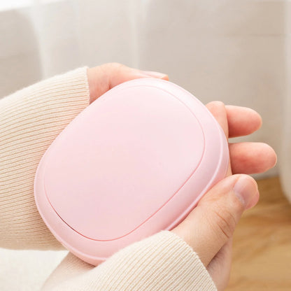 Compact, pebble-shaped hand warmer with adjustable heating settings, available in multiple colors