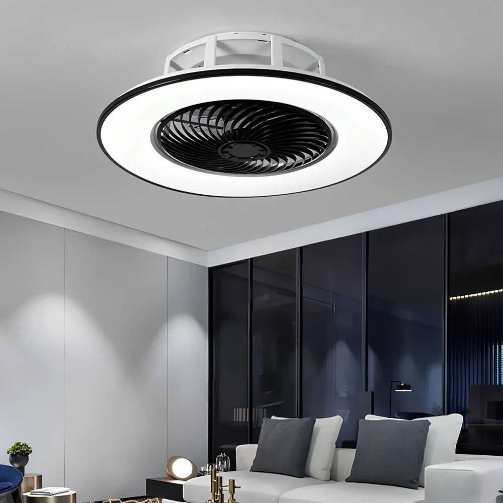 Smart ceiling fan light with invisible blades and LED lighting in white finish