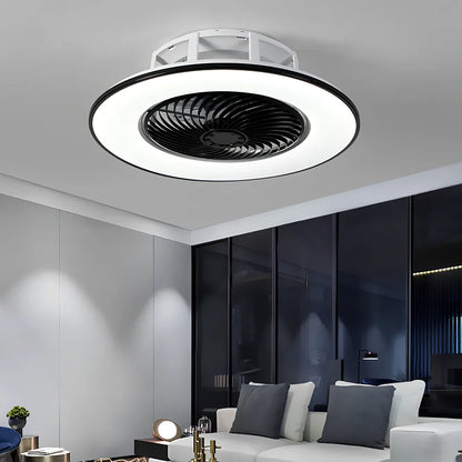 Smart ceiling fan light with invisible blades and LED lighting in white finish