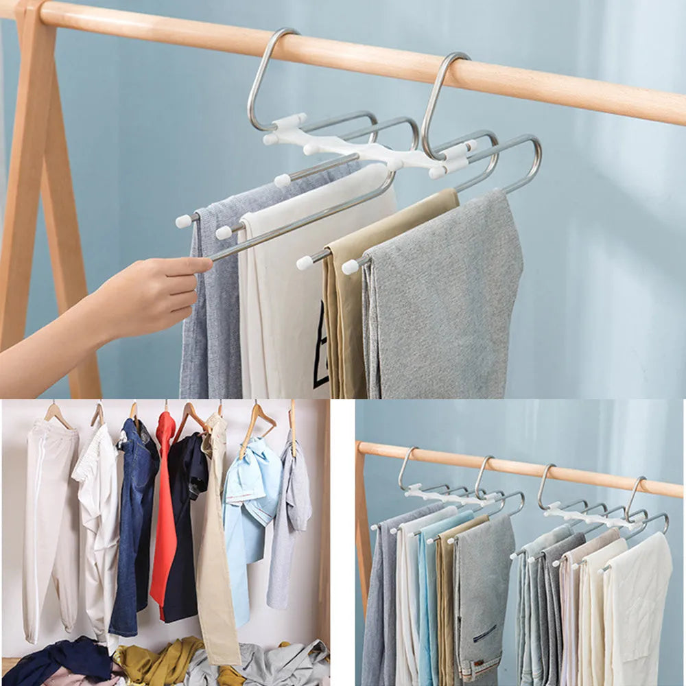 Five-boom stainless steel wardrobe hanger for trousers showing both level and vertical hanging methods