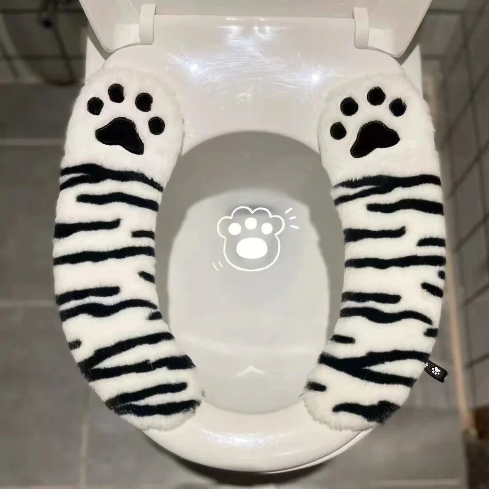 Cartoon stripe toilet seat cushion with plush material and waterproof adhesive backing