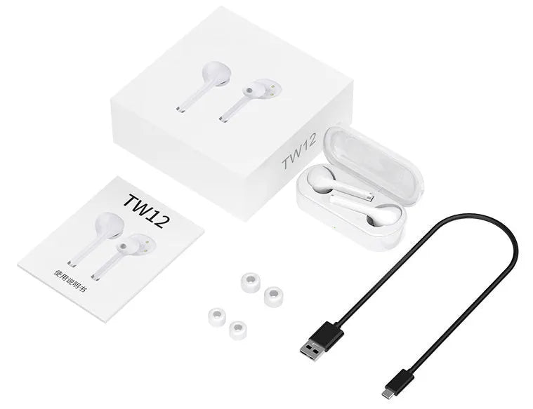 Black and white Bluetooth 5.0 wireless headphones with charging dock showing USB charging port