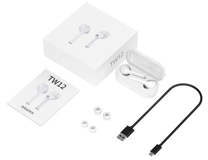 Black and white Bluetooth 5.0 wireless headphones with charging dock showing USB charging port