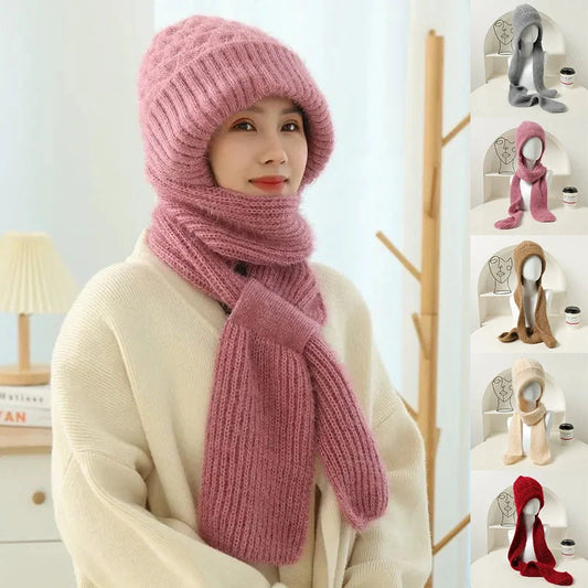 Women's fleece-lined winter scarf and hat set in various colors