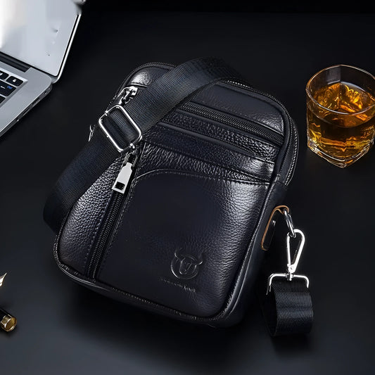 Men's black genuine leather shoulder messenger bag with retro styling