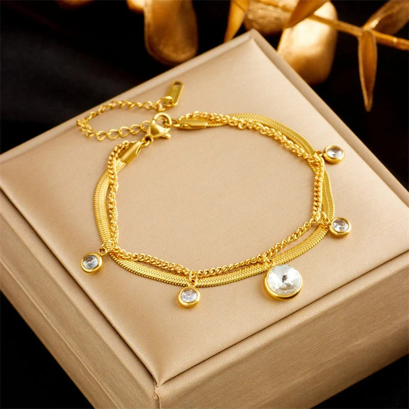 Gold plated punk fashion double layer bracelet with snake chain design
