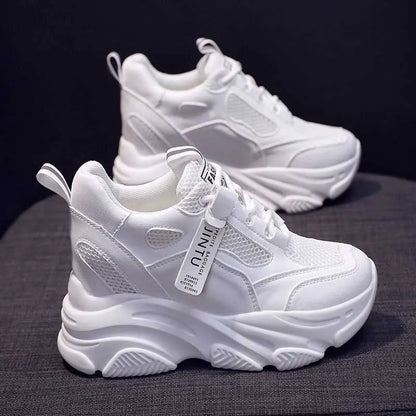 Women's black mesh platform casual shoes with hollow-out design detail on white background