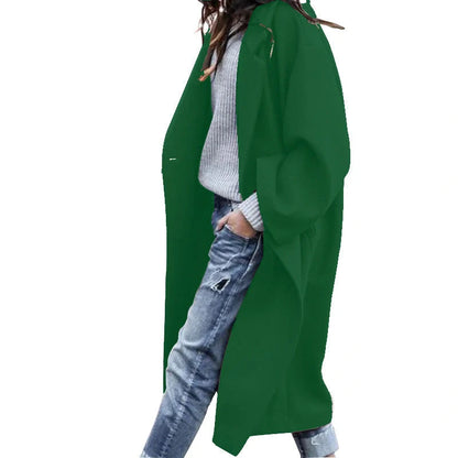 Women's solid color woolen coat with pockets for winter warmth