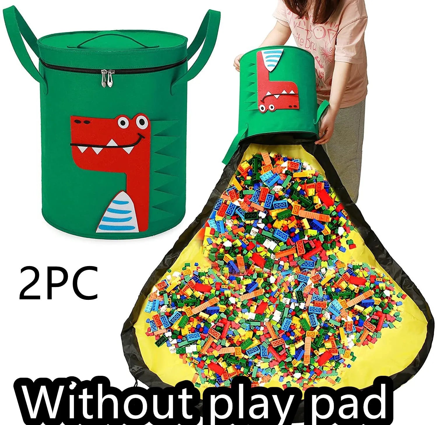 Green felt storage cube with pull rope unfolded into a large square play mat on a wooden floor.