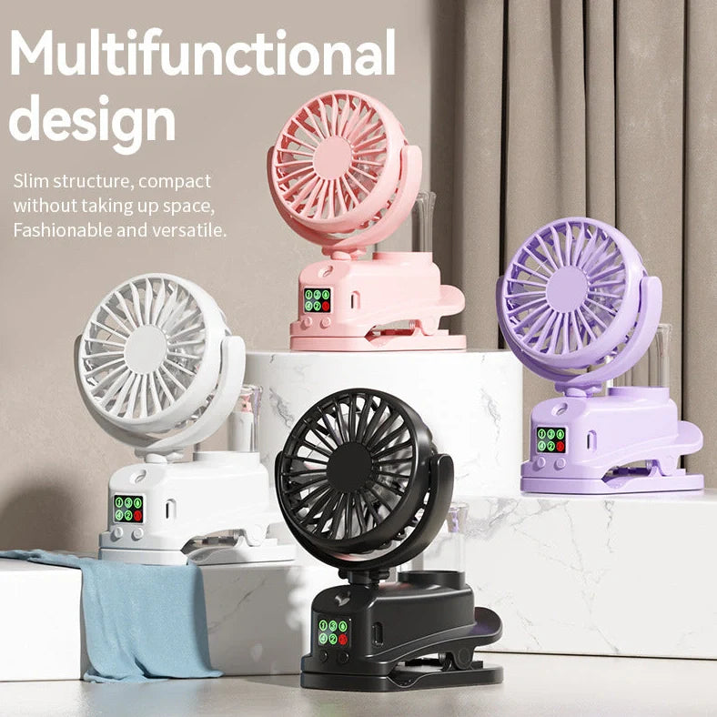 F7 clip spray fan in black colour showing clip attachment and mist spray function