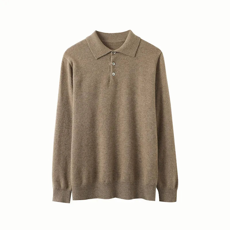 Men's sapphire blue cashmere pullover sweater with a polo collar, laid flat.