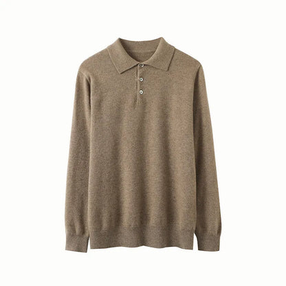 Men's sapphire blue cashmere pullover sweater with a polo collar, laid flat.
