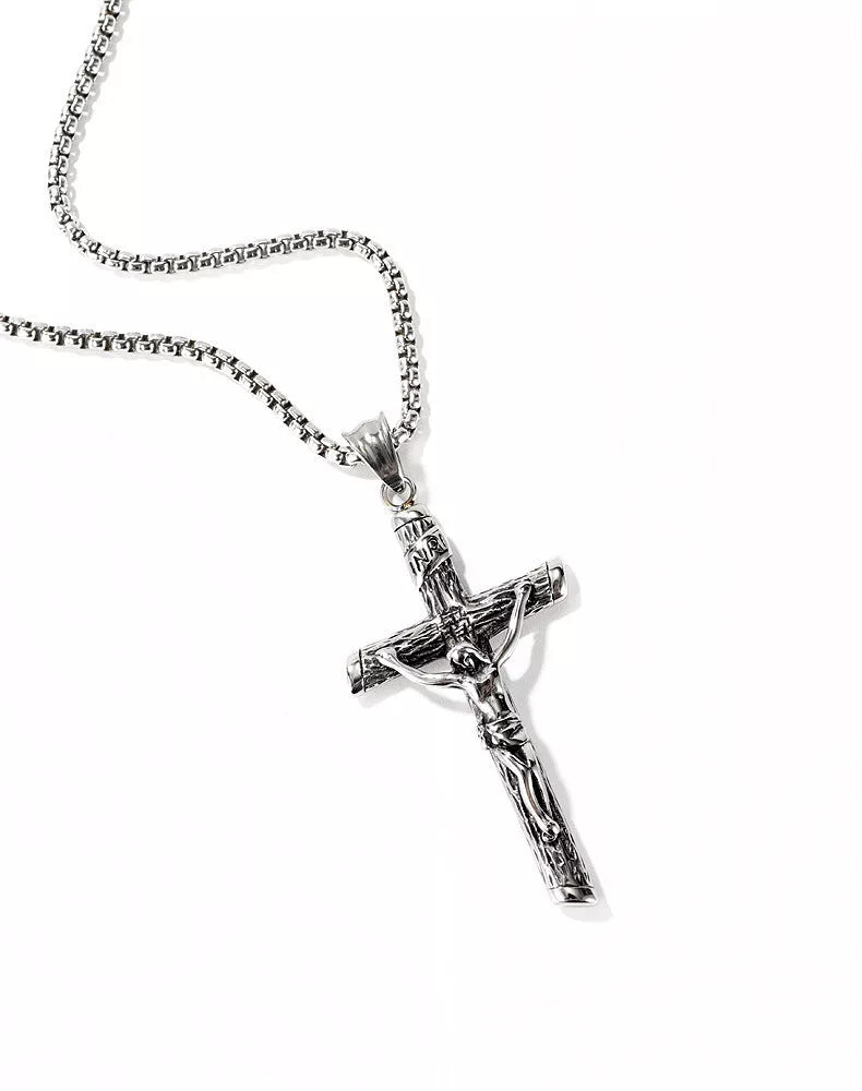 Mens adjustable titanium steel Jesus cross pendant necklace with pearl chain